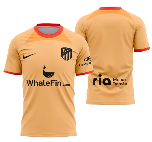 Camisa com logo no peito do Atlético de Madrid em destaque e estampa grande nas costas, mostrando detalhes vibrantes das cores vermelho e branco com design alternativo moderno para a temporada 2022-2023.