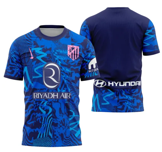 Camisa do Atlético de Madrid com logo no peito e estampa grande nas costas exibindo design alternativo para 2024-2025, com cores vibrantes e detalhes modernos que valorizam o visual torcedor.
