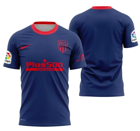 Camisa Atlético De Madrid estilo away 2020-2021 com logo no peito e estampa grande nas costas em design vibrante e detalhado, perfeita para fãs celebrarem o time com estilo autêntico.