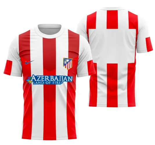 Camisa do Atlético de Madrid 2014-2015 vista frontal com logo no peito destacado e estampa grande nas costas, representando o estilo tradicional do time espanhol com faixas vermelhas e brancas.