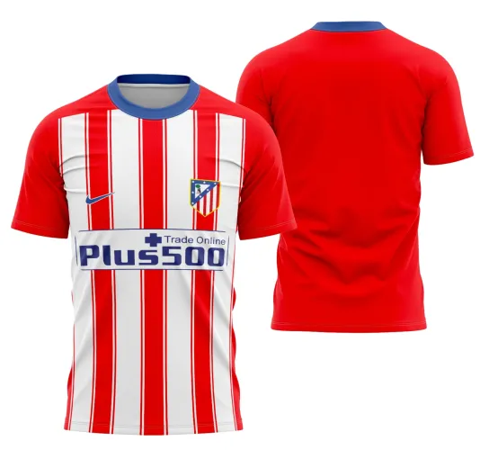 Foto da camisa Atlético De Madrid 2015-2016 com logo no peito e estampa grande nas costas, exibindo design clássico em vermelho e branco com detalhes vibrantes e acabamento impecável.