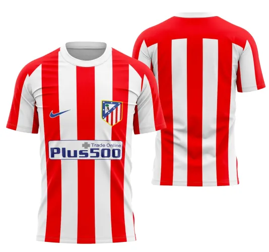 Camisa do Atlético de Madrid 2016-2017 com logo no peito e estampa grande nas costas, destacando as tradicionais listras vermelhas e brancas em material moderno e acabamento detalhado.