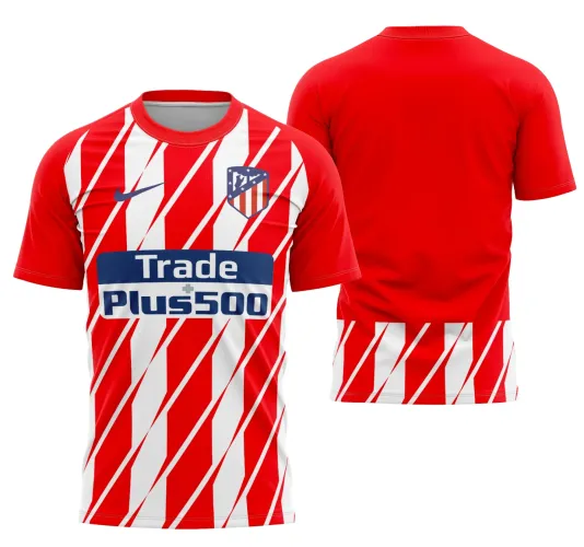 Camisa do Atlético De Madrid com logo no peito e estampa grande nas costas exibindo cores vibrantes e design clássico da temporada 2017-2018, ideal para apaixonados pelo clube
