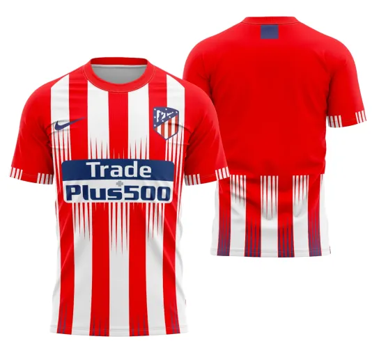 Camisa do Atlético Madrid temporada 2018-2019 com logo no peito e estampa grande nas costas exibindo listras vermelhas e brancas marcantes, perfeita para fãs do clube que querem um visual autêntico e vibrante