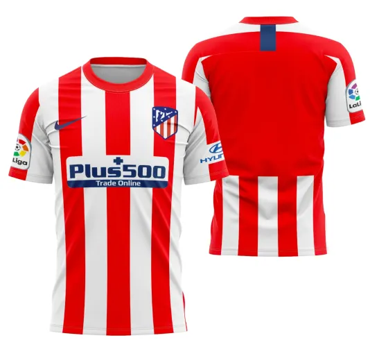 Foto da camisa Atlético De Madrid Home 2019-20 com logo no peito e estampa grande nas costas, exibindo detalhes vibrantes e design marcante em vermelho e branco