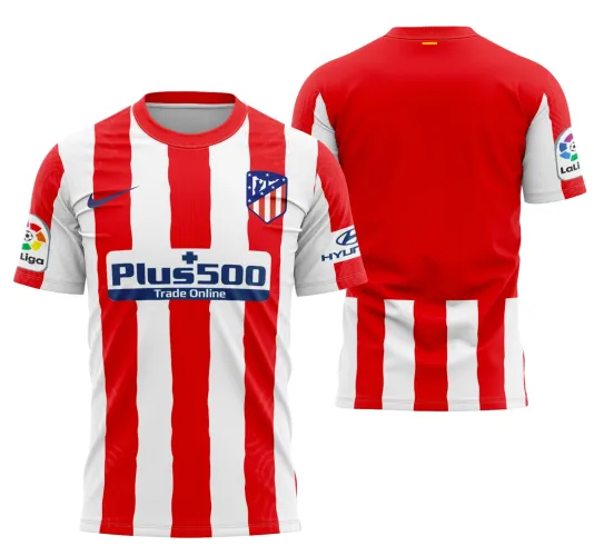 Imagem da camisa Atlético De Madrid 20/21 com logo no peito visível e grande estampa nas costas, destaque para as cores vibrantes e design marcante do uniforme caseiro.