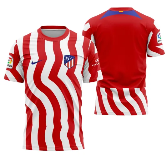 Imagem da camisa Atlético De Madrid Home 22-23 com logo no peito e estampa grande nas costas, destacando as cores vibrantes e design moderno do uniforme oficial do time