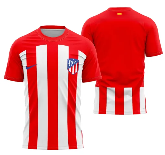 Camisa do Atlético de Madrid 2023-2024 com logo no peito e estampa grande nas costas, apresentando design clássico e vibrante que destaca as cores tradicionais do clube