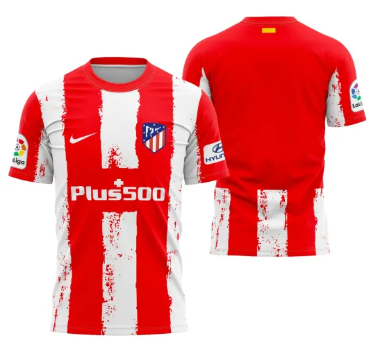 Imagem da camisa Atlético De Madrid 2021-2022 exibindo o logo no peito e uma estampa grande nas costas, com design vibrante e cores emblemáticas do clube.