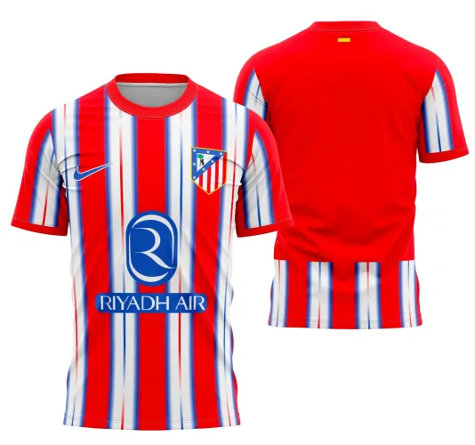 Camisa Atlético de Madrid com logo no peito e estampa grande nas costas, destacando as cores tradicionais em vermelho e branco para a temporada 2024-2025, visual moderno e vibrante.
