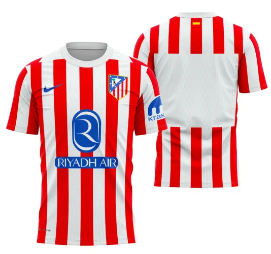 Camisa do Atlético de Madrid com logo no peito e estampa grande nas costas exibindo design moderno e cores oficiais da temporada 2025-2026, perfeita para fãs do time que apreciam detalhes autênticos