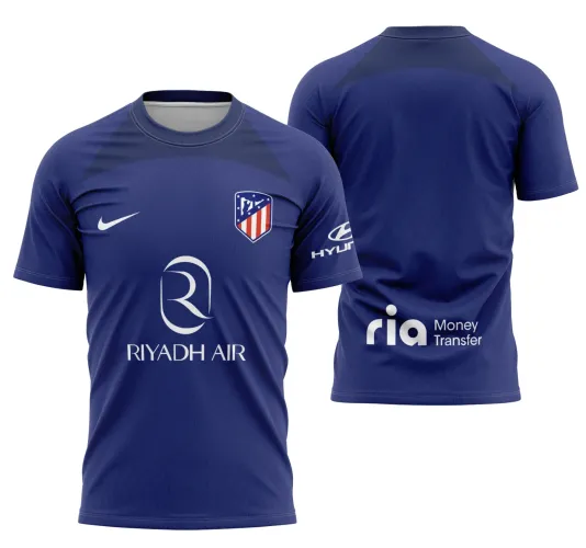 Camisa final do Atlético De Madrid com logo no peito e estampa grande nas costas, destacando detalhes exclusivos e design moderno para torcida apaixonada