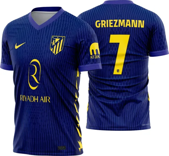 Camisa Atlético de Madrid em versão reserva 2025-26, destaque para o logo no peito e estampa grande nas costas, com cores tradicionais vibrantes que valorizam o design esportivo do clube.