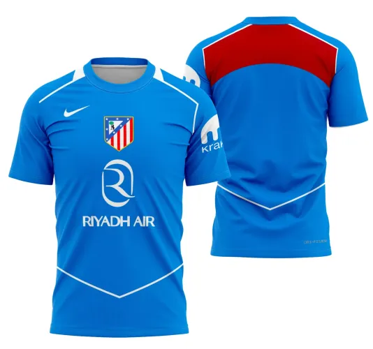 Camisa Atlético De Madrid com logo no peito e estampa grande nas costas, exibindo design moderno e cores vibrantes, perfeita para fãs do clube que valorizam estilo e autenticidade nas roupas esportivas.