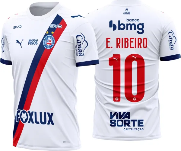 Camisa Bahia com logo no peito em destaque e estampa grande nas costas, apresentando design moderno e cores vibrantes que remetem à tradição do time para a temporada 2026-27.