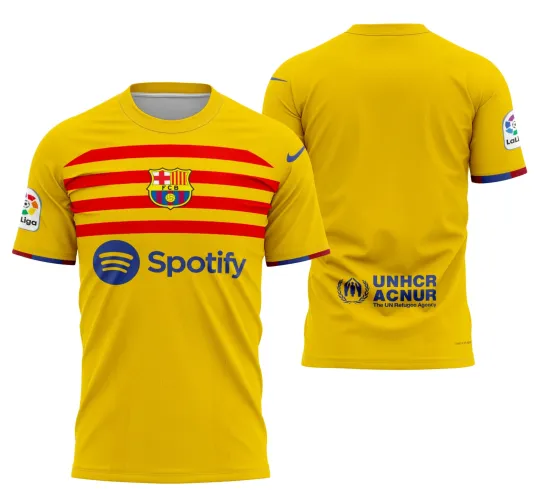 Camisa com logo no peito visível e estampa grande nas costas com cores vibrantes, destacando o design inspirado no Barcelona 4ª equipación da temporada 22-23, ideal para quem valoriza estilo e autenticidade.