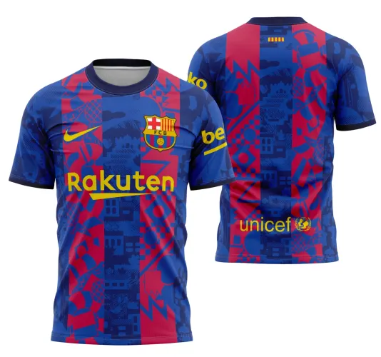 Camisa com logo no peito e estampa grande nas costas destacando o design vibrante do Barcelona campeão local da temporada 2021-2022.