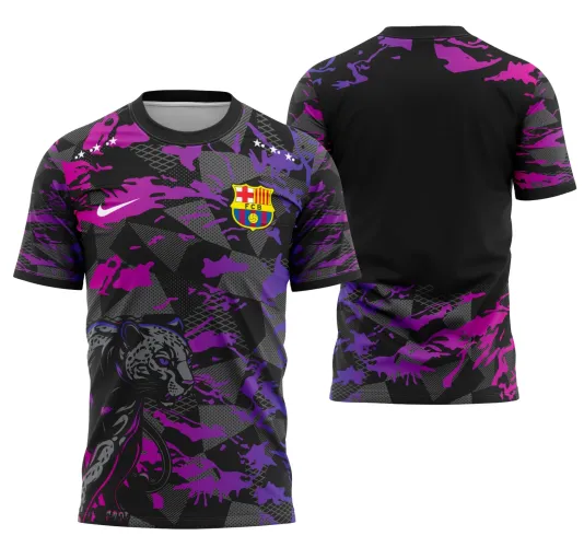 Foto da camisa final com logo no peito and estampa grande nas costas, apresentando um design moderno e vibrante que destaca um estilo único para o evento Barcelona Interclasse 2025.