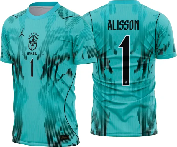 Camisa Brasil de goleiro com logo no peito e estampa grande nas costas, destacando elementos visuais modernos e cores vibrantes que remetem à seleção brasileira, ideal para fãs da equipe.