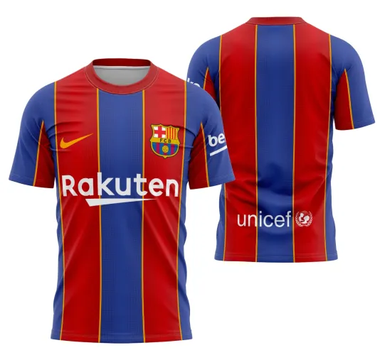 Imagem da camisa do Barcelona 2020-2021 com logo no peito e estampa grande nas costas em destaque, mostrando detalhes vibrantes e design autêntico do time