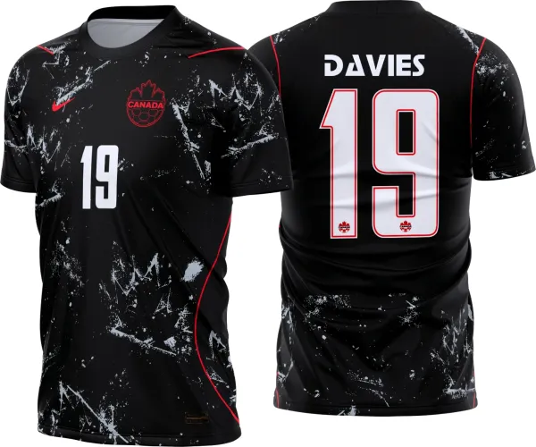 Camisa final com logo no peito e estampa grande nas costas, mostrando design moderno e detalhes inspirados na seleção do Canadá entre 2026 e 2028.