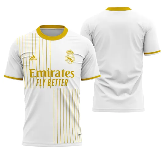 Camisa do Real Madrid com logo no peito e estampa grande nas costas exibindo o design oficial da temporada 22-23 em destaque, perfeita para fãs do time impressionarem com estilo autêntico e moderno