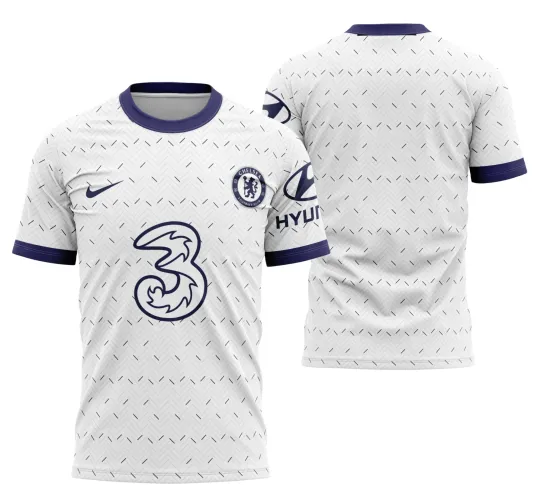 Camisa do Chelsea com logo no peito e estampa grande nas costas, destacando design moderno da temporada 2020-2021 em cores vibrantes e detalhes marcantes