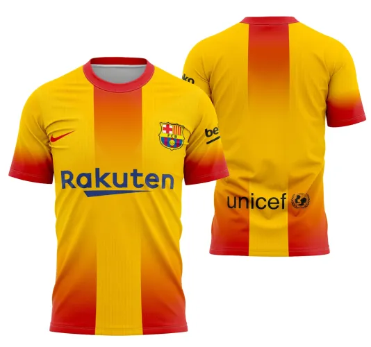 Camisa com logo no peito e estampa grande nas costas, destacando o design moderno e as cores vibrantes inspiradas em Barcelona 2020, perfeita para quem busca um estilo único e marcante.
