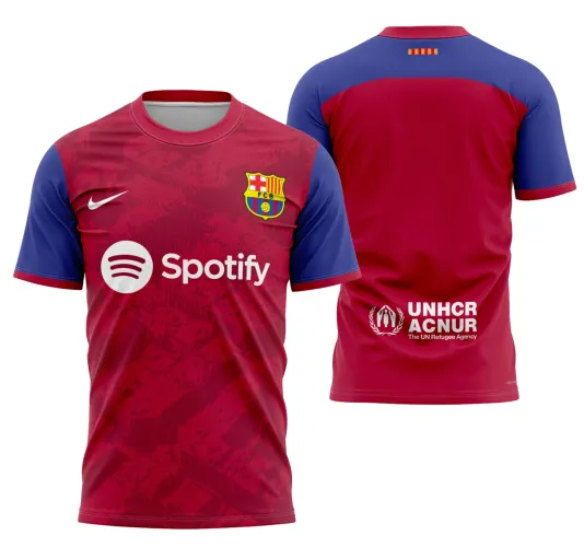 Camisa conceito do Barcelona FC 2024 exibindo o logo no peito e uma estampa grande nas costas com design moderno e vibrante, perfeita para fãs que valorizam estilo e autenticidade.