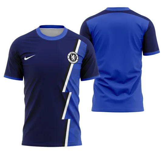 Camisa com logo no peito destacando a identidade Chelsea e estampa grande nas costas mostrando arte conceitual moderna inspirada no clube para 2023.