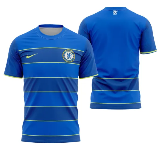 Camisa com logo no peito em destaque e estampa grande nas costas, evidenciando um design moderno e arrojado, ideal para fãs do Chelsea e amantes de estilo diferenciado na moda esportiva.