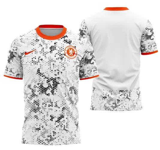 Camisa azul com logo no peito e estampa grande nas costas, destacando um design moderno e conceitual inspirado no time Chelsea para 2025, ideal para apaixonados por futebol e colecionadores.