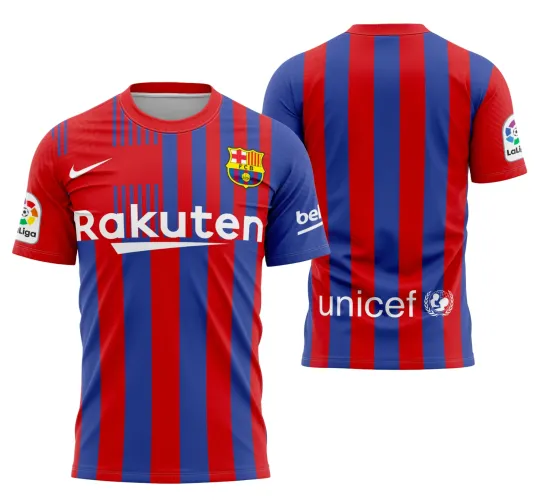 Camisa com logo no peito e estampa grande nas costas mostrando o conceito único inspirado em Barcelona durante a temporada 2021-2022, com cores vibrantes e estilo moderno.