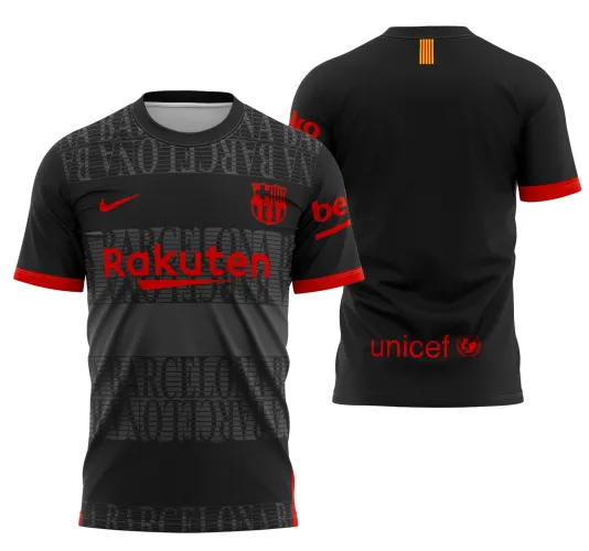 Camisa com logo no peito e estampa grande nas costas, inspirada no design de Barcelona 2021, destacando estilo moderno com cores vibrantes e detalhes sofisticados que chamam atenção em qualquer ocasião.