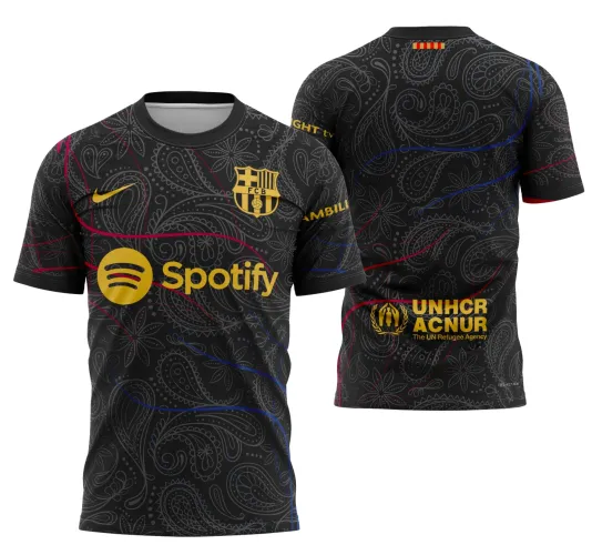 Camisa com logo no peito e estampa grande nas costas, exibindo design moderno inspirado na cidade de Barcelona, com cores vibrantes e detalhes que ressaltam o estilo urbano e contemporâneo.