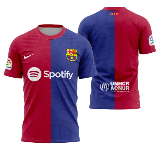 Camisa com logo no peito e estampa grande nas costas exibindo design moderno e elegante inspirado em Barcelona 2024, com cores vibrantes e detalhes marcantes que destacam o visual final da peça.