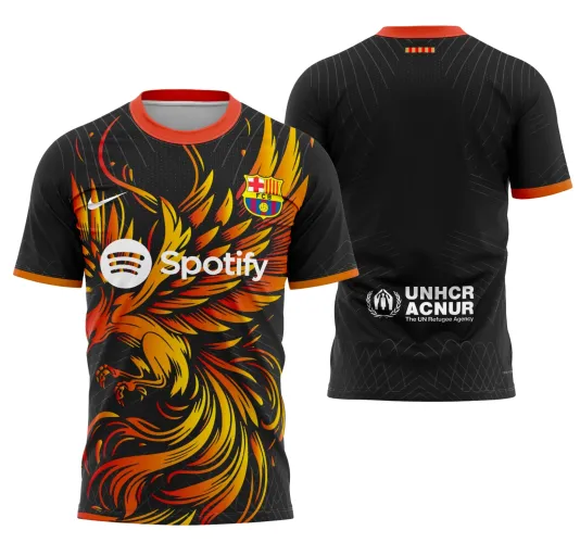Camisa com logo no peito e estampa grande nas costas exibindo design inspirado em Barcelona 2024, estilo moderno e marcante em cores vibrantes, perfeita para quem busca exclusividade e atitude no visual.