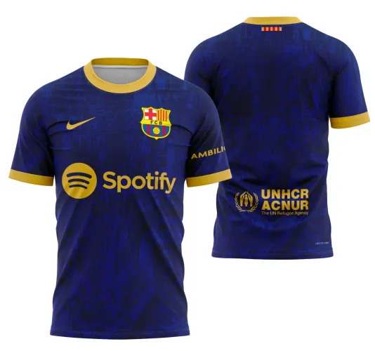 Foto de uma camisa com logo no peito e uma estampa grande nas costas, mostrando design moderno e vibrante inspirado na cidade de Barcelona 2025, equilibrando cores e formas que destacam estilo único.