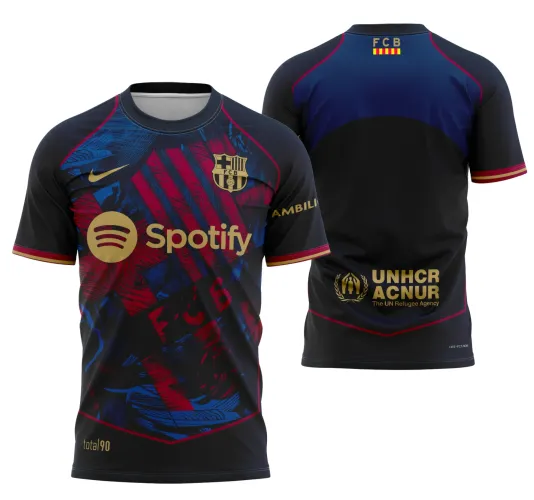 Camisa com logo no peito e estampa grande nas costas mostrando design moderno inspirado em Barcelona 2025, combinando cores vibrantes e detalhes únicos para um visual urbano e contemporâneo.