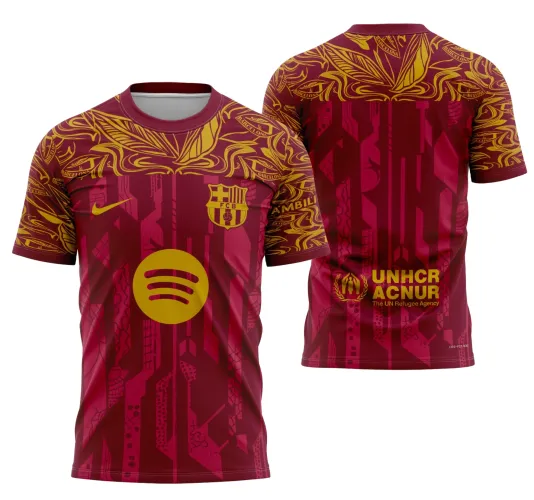 Camisa com logo no peito e estampa grande nas costas, destacando design moderno e inspirado em Barcelona 2026, perfeita para quem deseja estilo único e sofisticado em qualquer ocasião.