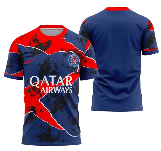 Camisa estilizada com logo no peito e estampa grande nas costas em tema de Halloween, com detalhes marcantes e cores vibrantes que destacam a inspiração do PSG 2023 para a data festiva.