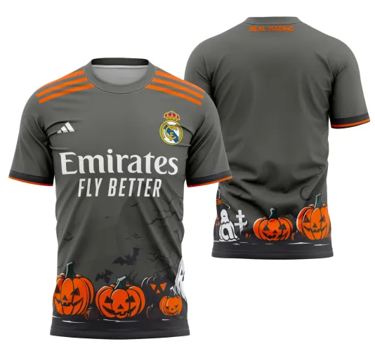 Camisa com logo no peito do Real Madrid e estampa grande nas costas inspirada na temática de Halloween 2025, com visual impactante e design exclusivo que destaca elementos sombrios e modernos.