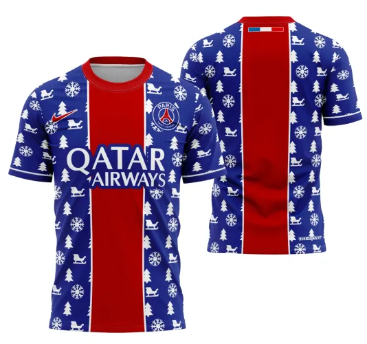 Camisa com logo no peito e estampa grande nas costas, trazendo um design natalino inspirado no PSG para a temporada 2024, em cores vibrantes e detalhes que remetem ao espírito festivo e esportivo.