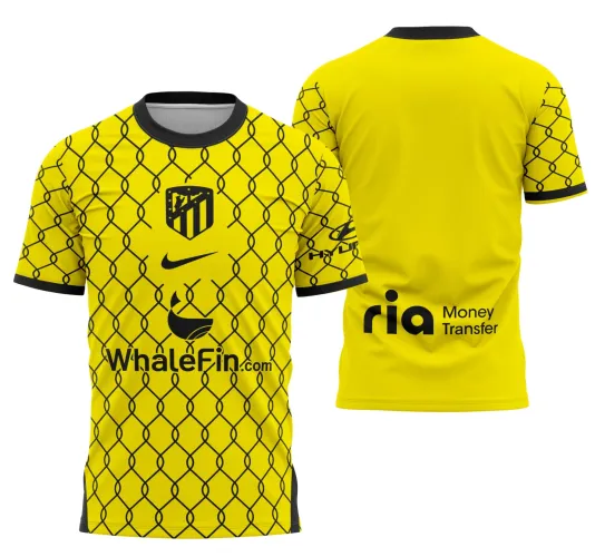 Camisa com logo no peito destacando o símbolo do Atlético de Madrid e estampa grande nas costas exibindo design vibrante inspirado no clube em 2022, combinando cores clássicas e detalhes marcantes.