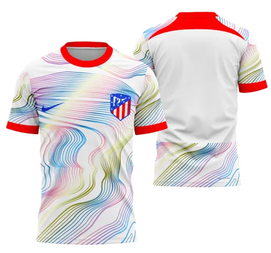 Camisa final Atlético de Madrid 2024 com logo no peito e estampa grande nas costas, trazendo design moderno e vibrante para os fãs do time.