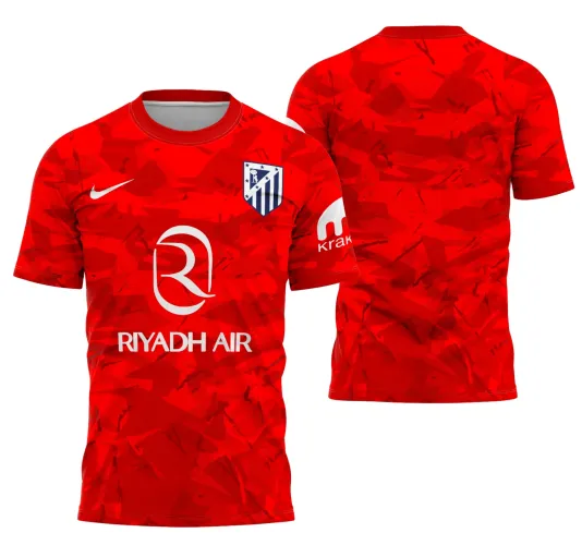 Camisa com logo no peito e estampa grande nas costas, em cores vibrantes que representam o Atlético de Madrid em um design moderno e inovador, perfeito para destacar estilo e paixão pelo time.