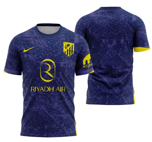 Imagem detalhada de camisa com logo no peito e estampa grande nas costas, destacando o conceito moderno do Atlético de Madrid 2025, mostrando cores vibrantes e design inovador.