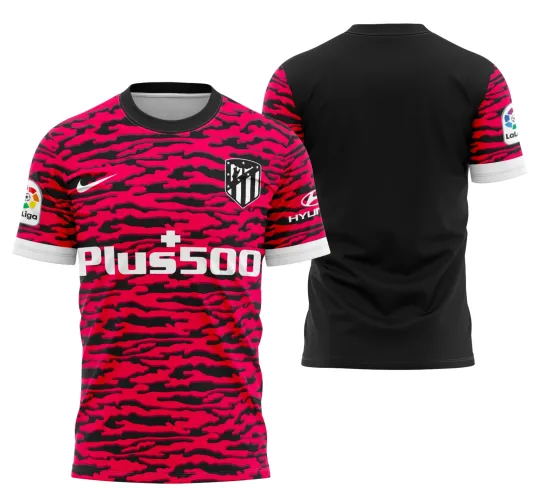 Foto da camisa do Atlético de Madrid com logo no peito e estampa grande nas costas, destacando cores vibrantes e design moderno que evidencia paixão pelo time e estilo único