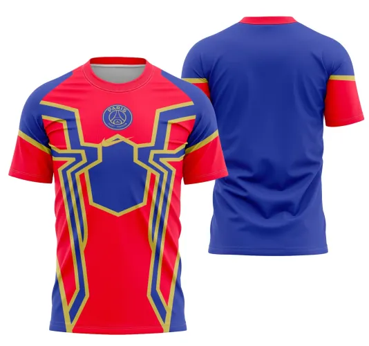 Camisa com logo no peito do Homem-Aranha estilizado pelo PSG e estampa grande nas costas, apresentando um design moderno e vibrante que combina cores e detalhes urbanos.