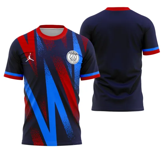 Camisa com logo no peito e estampa grande nas costas, combinando traços do PSG com elementos da Jordânia em um design único e moderno, com cores vibrantes e visual arrojado.